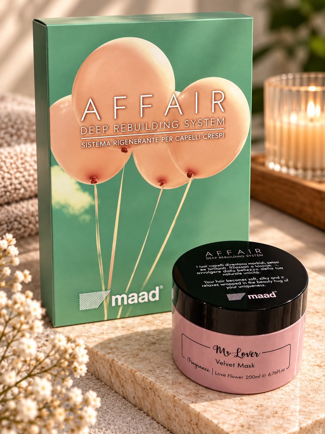 Borcan roz maad Me Lover Velvet Mask 200 ml în fața cutiei AFFAIR Deep Rebuilding System