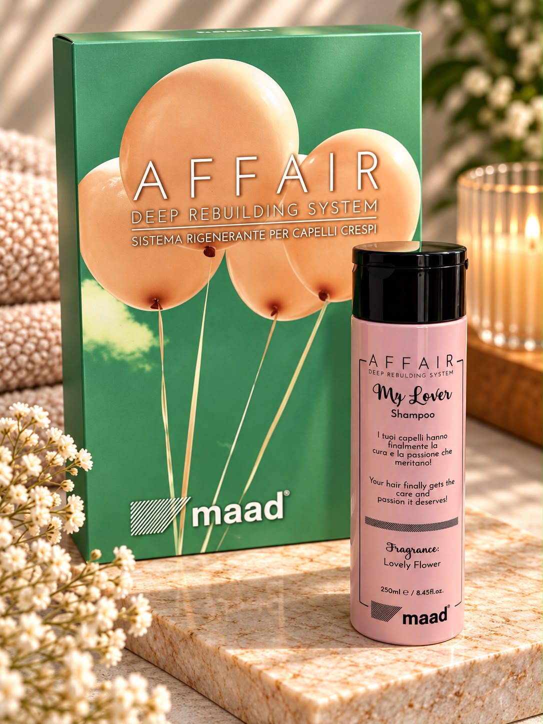 Pink bottle of maad AFFAIR Me Lover Shampoo 250 ml in front of the green AFFAIR Deep Rebuilding System box