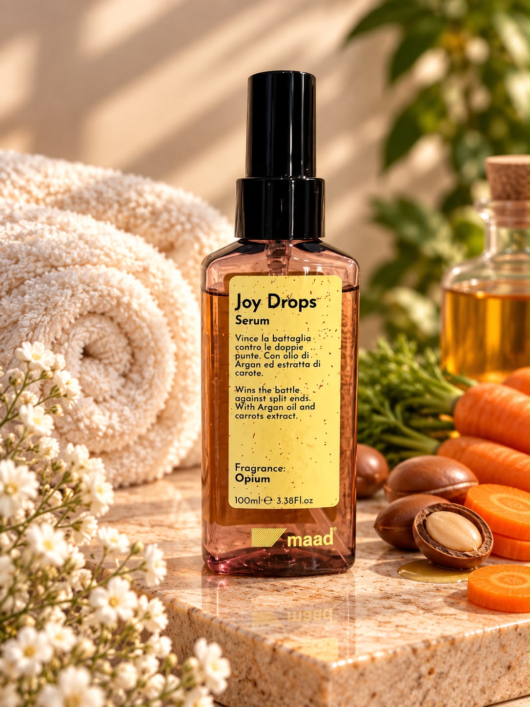 maad Joy Drops 100 ml hair serum spray bottle beside towels, argan nuts and carrots