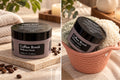 Two views of a 200 ml Coffee Break Wellness Mask jar beside towels and coffee beans