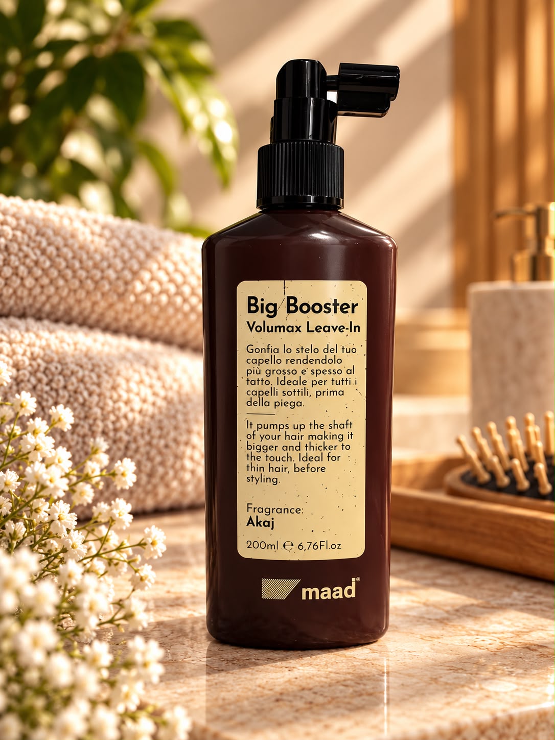Brown 200 ml bottle of maad Big Booster Volumax Leave-In with applicator beside towels and hairbrush