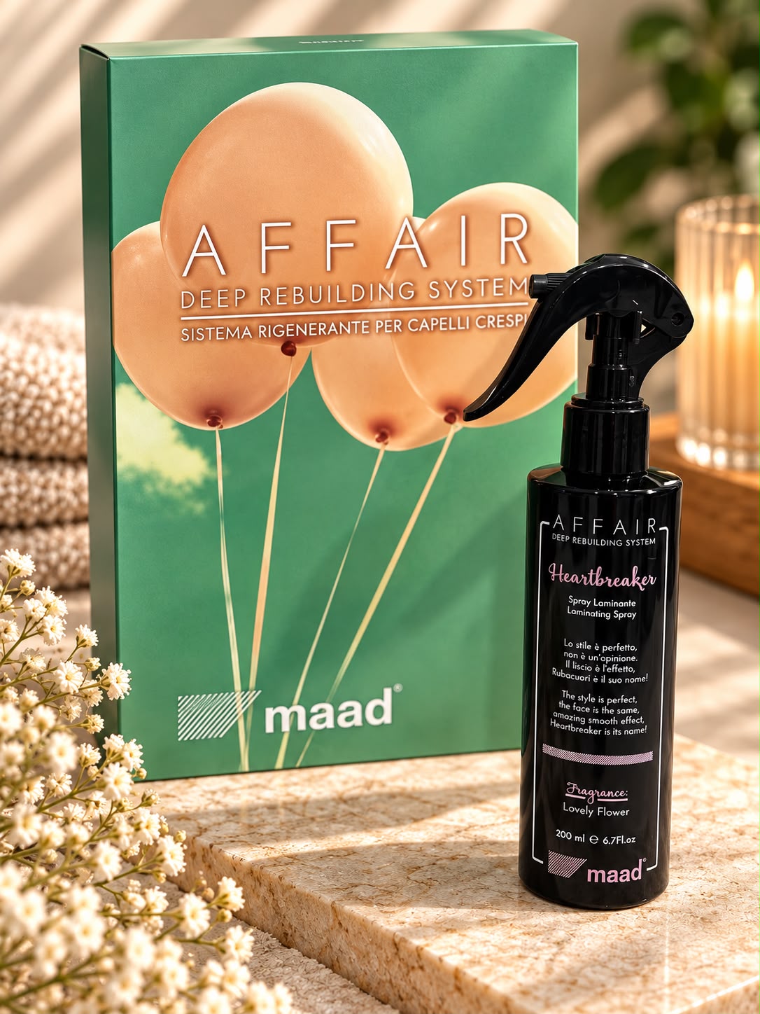 Black maad AFFAIR Heartbreaker Laminating Spray 200 ml trigger bottle beside green AFFAIR box