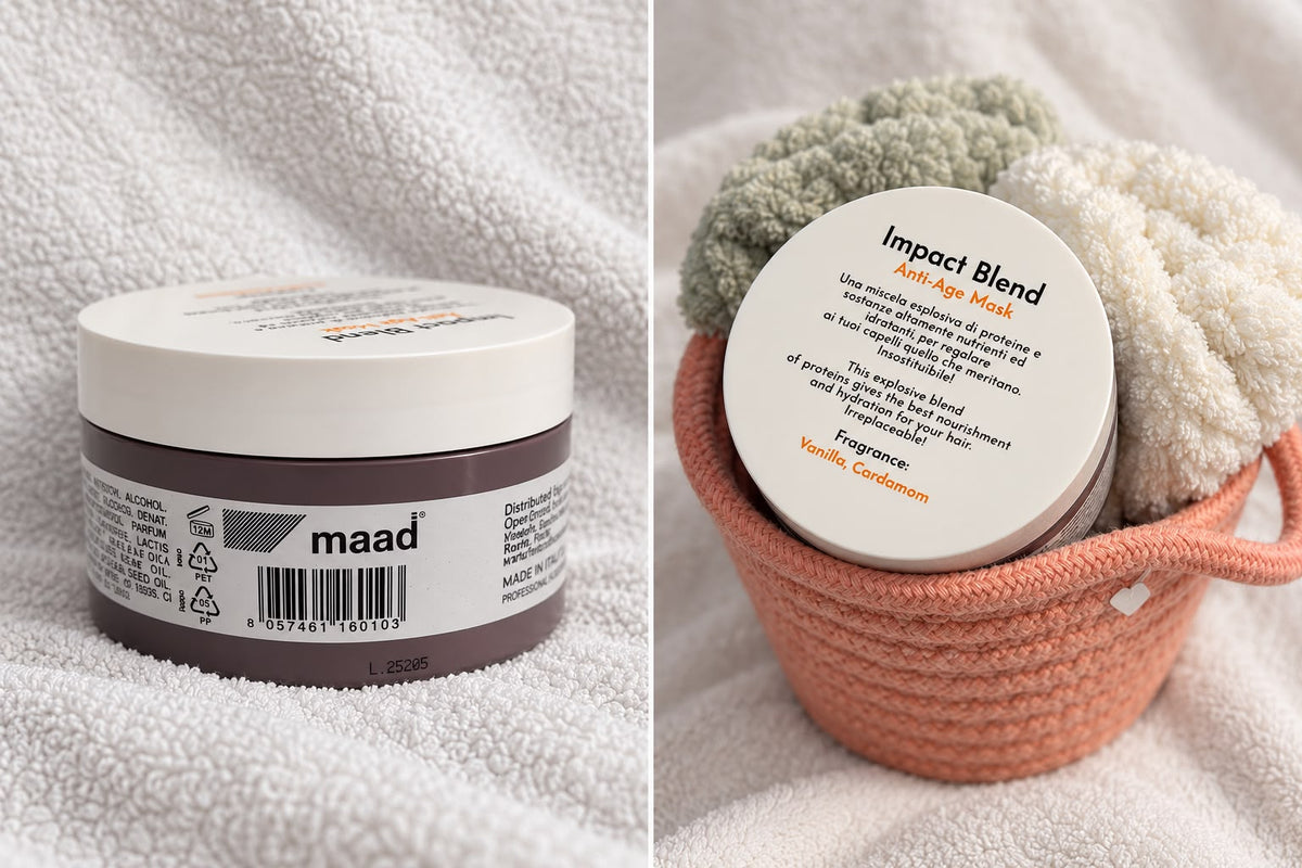 Two views of maad Impact Blend Anti-Age Mask jar beside folded towels
