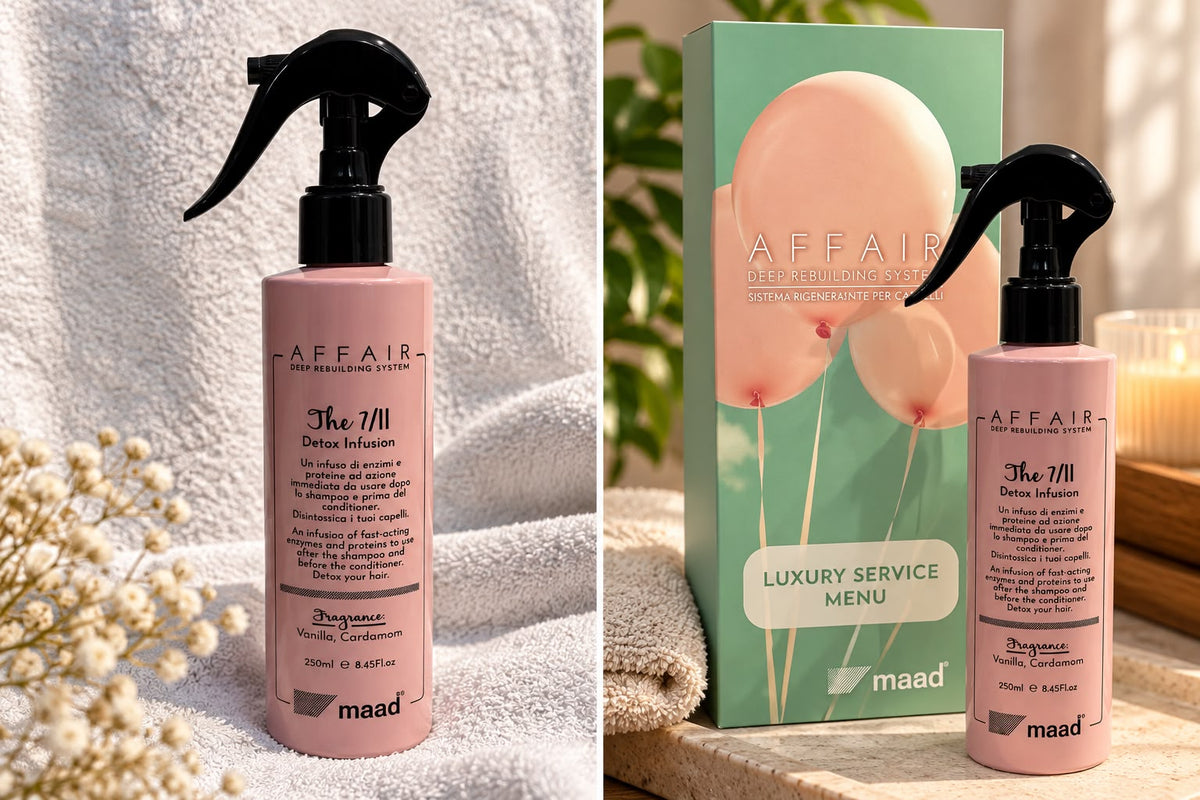 Two views of pink maad AFFAIR The 7/11 Detox Infusion 250 ml trigger bottle, one beside AFFAIR box